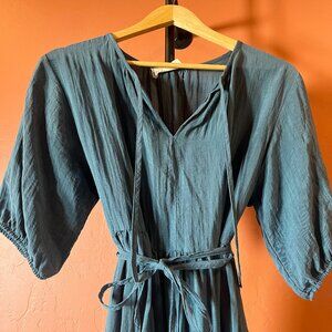 Hollow Bone Prairie Dress, Dark Teal, Size Medium, 100% Linen